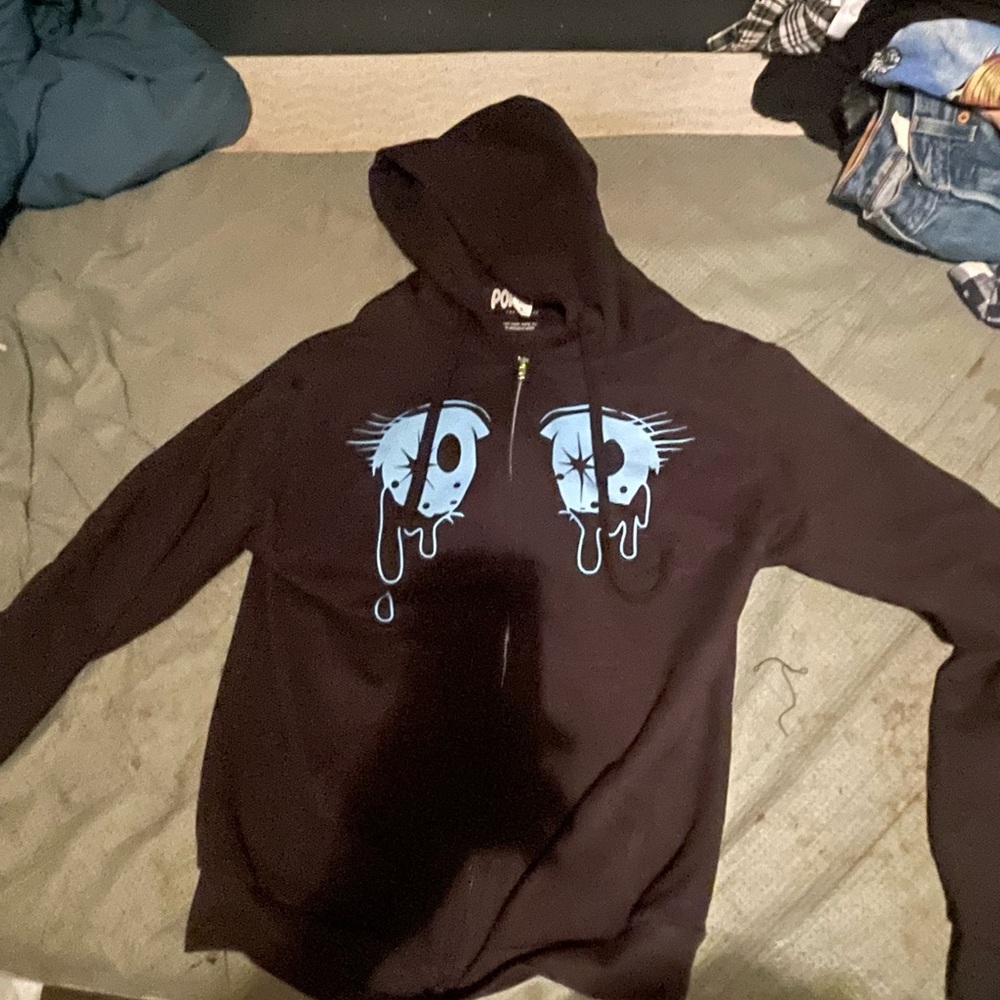 Pony Black Zip-Up Sweater with Blue Graphic